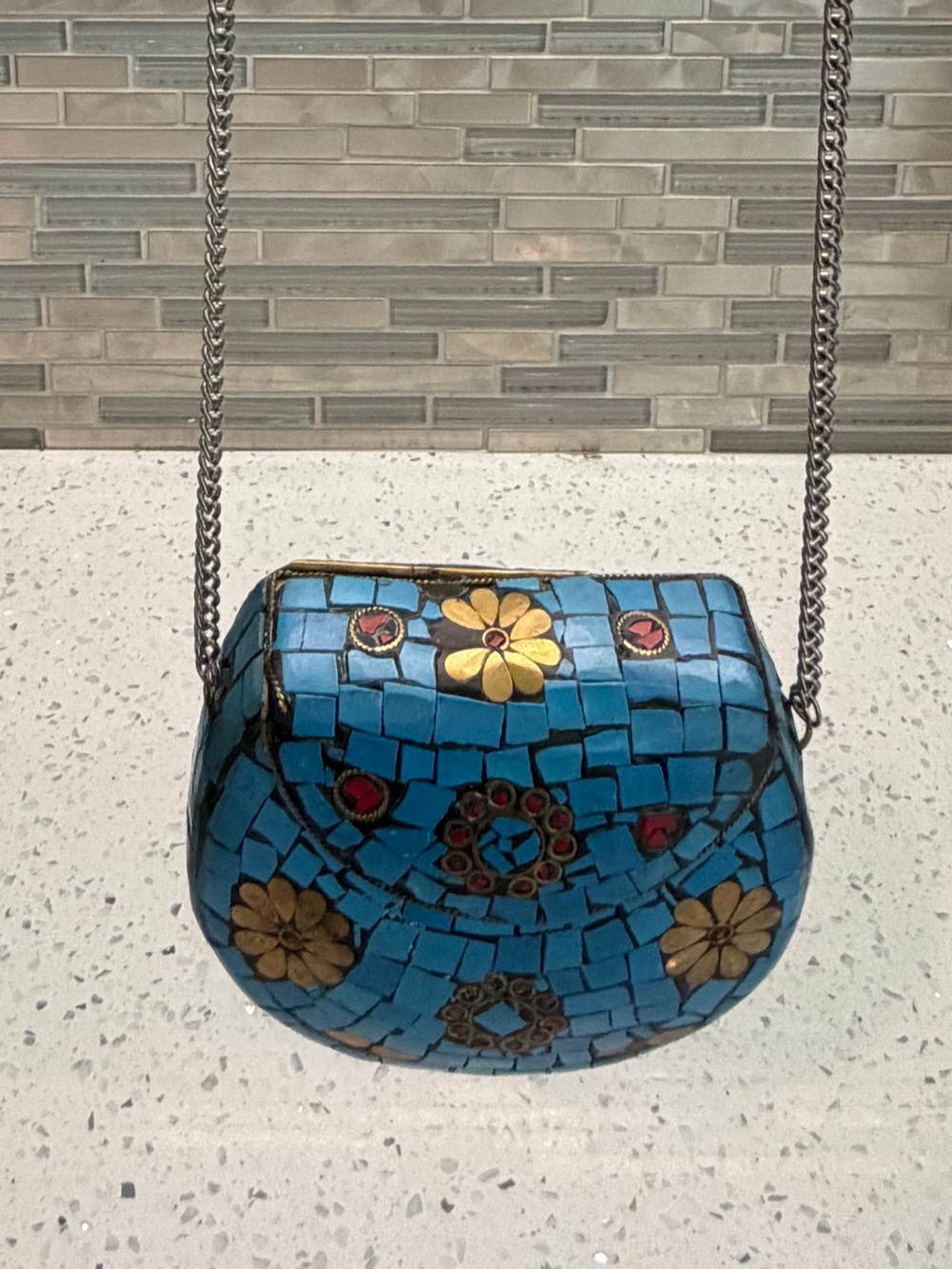 Turquoise Mosaic Mini Crossbody with Floral Accent